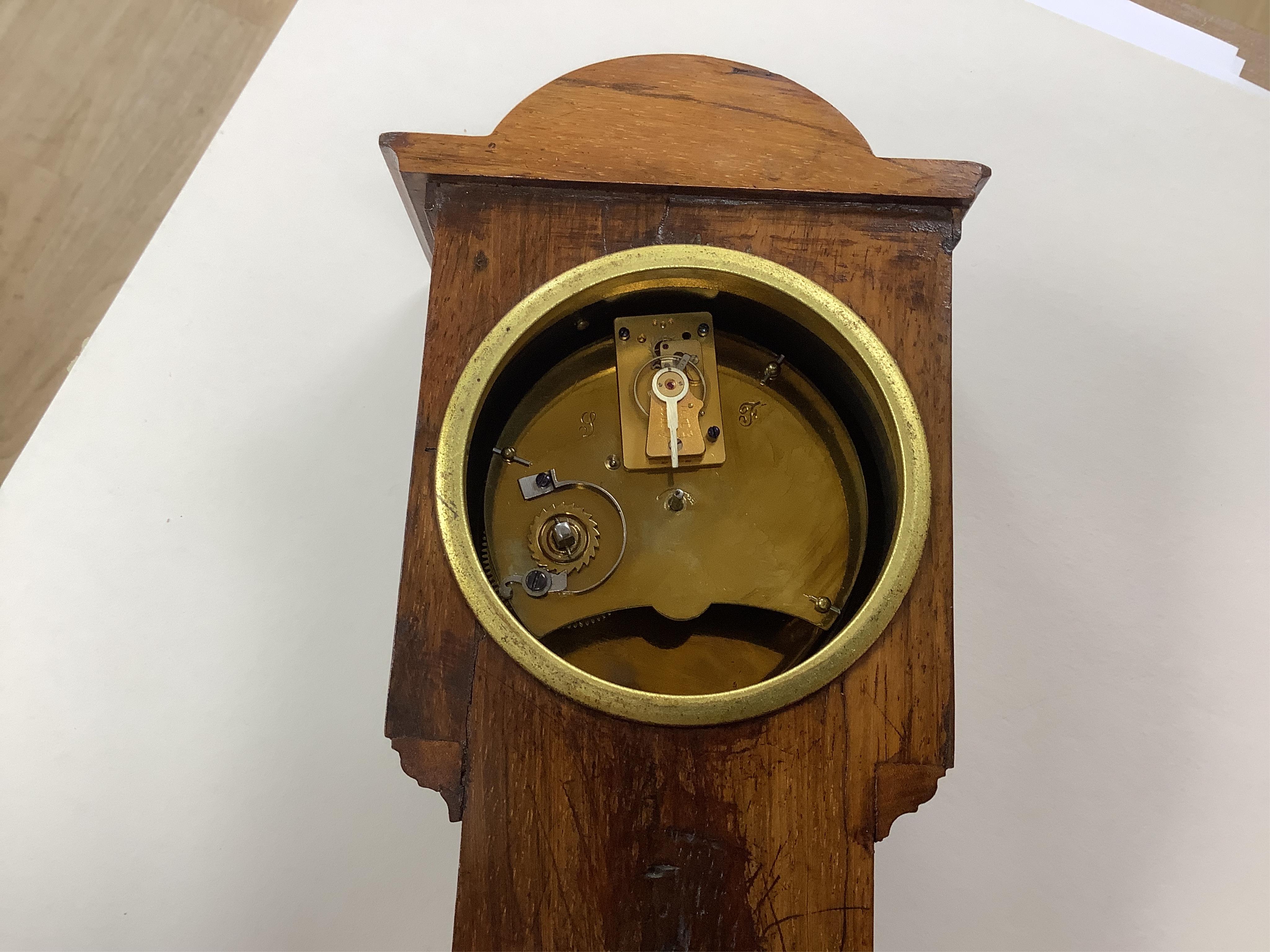 A miniature inlaid rosewood longcase clock with French movement and integral aneroid barometer and thermometer, the dial inscribed Aldis, Pimlico, 47cm high